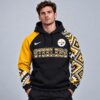 Pittsburgh Steelers NFL Aztec Inspired Colorblock Hoodie With Asymmetric Sleeves And Bold Team Lettering, NFL Trending Shirt