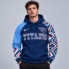 Tennessee Titans NFL Aztec Inspired Colorblock Hoodie With Asymmetric Sleeves And Bold Team Lettering, NFL Trending Shirt