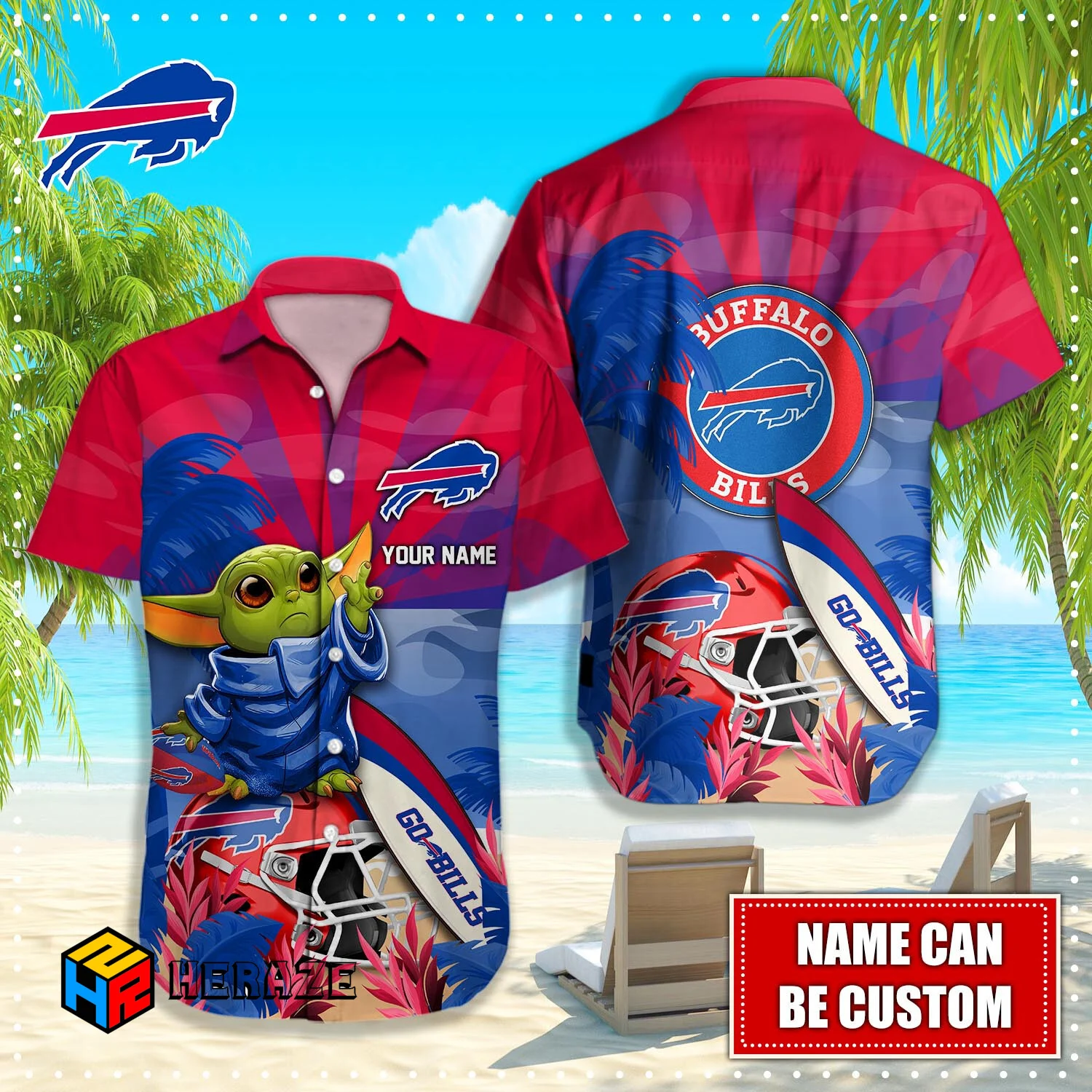 Baby Yoda Custom Name Buffalo Bills NFL Aloha Hawaiian Shirt