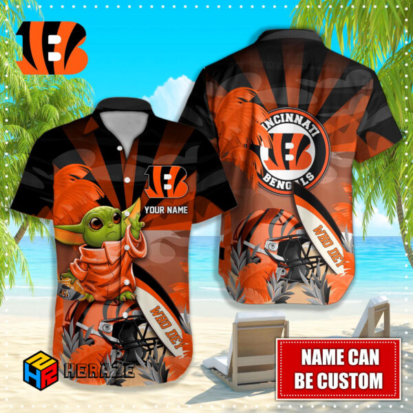 Baby Yoda Custom Name Cincinnati Bengals NFL Aloha Hawaiian Shirt