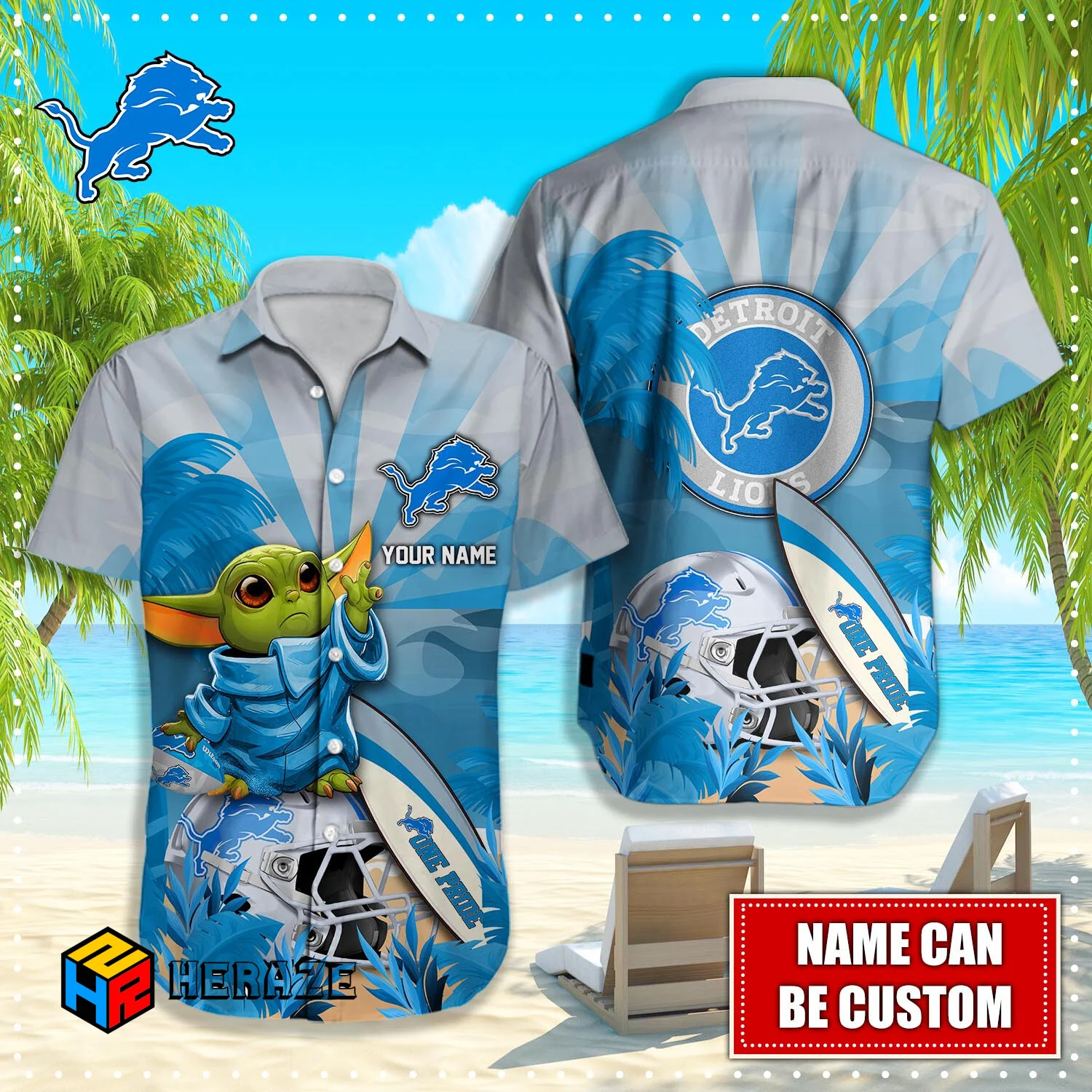 Baby Yoda Custom Name Detroit Lions NFL Aloha Hawaiian Shirt
