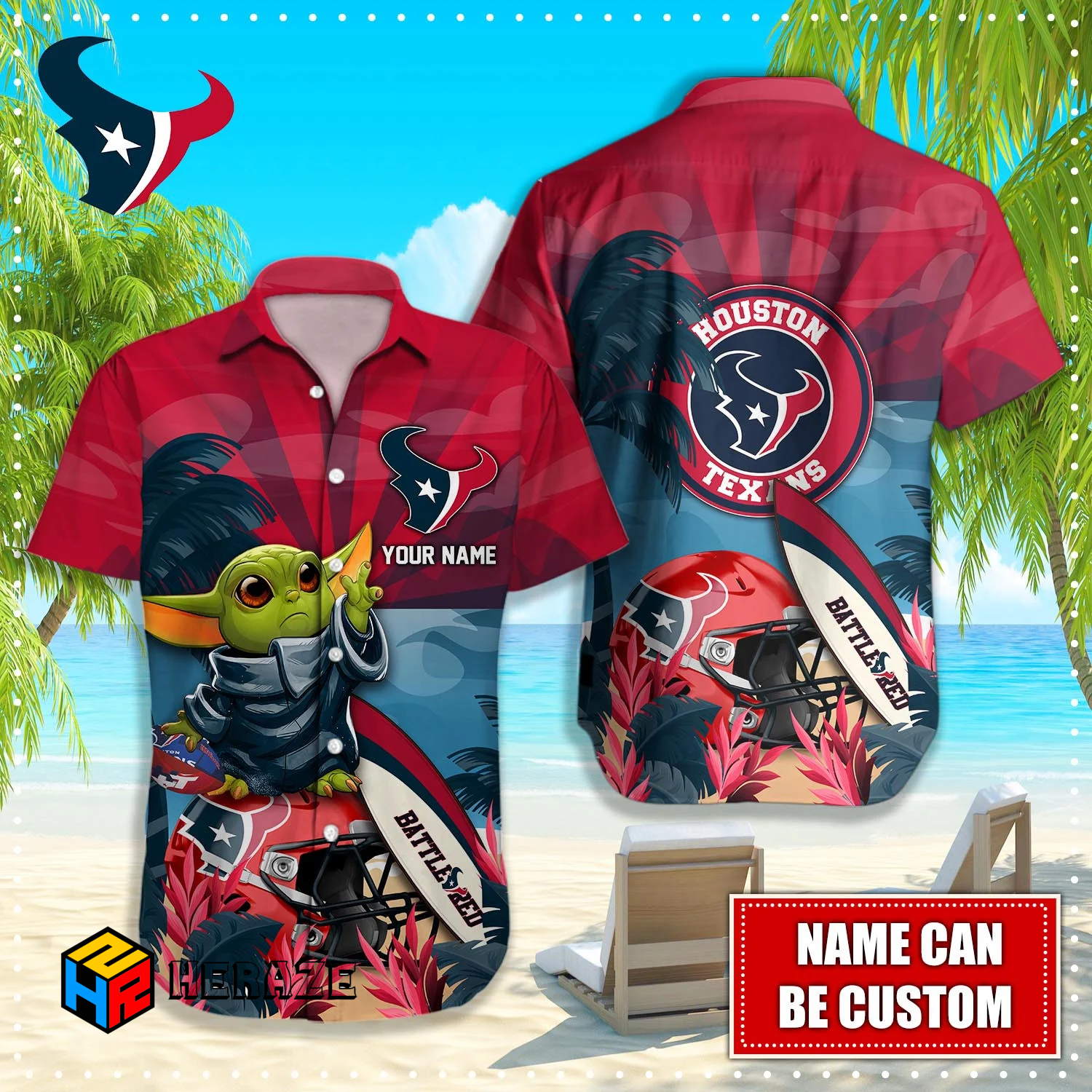 Baby Yoda Custom Name Houston Texans NFL Aloha Hawaiian Shirt