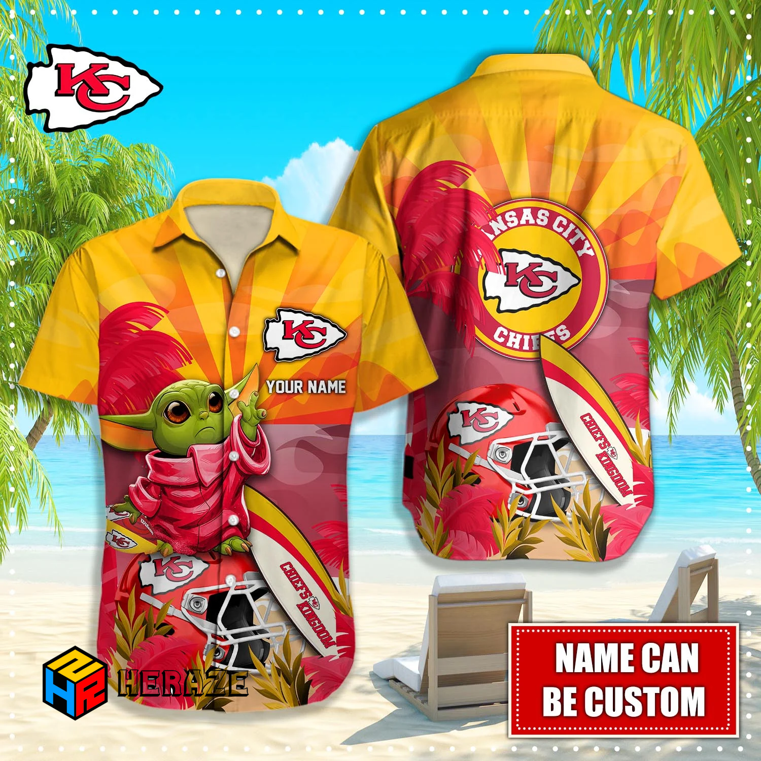 Baby Yoda Custom Name Kansas City Chiefs NFL Aloha Hawaiian Shirt