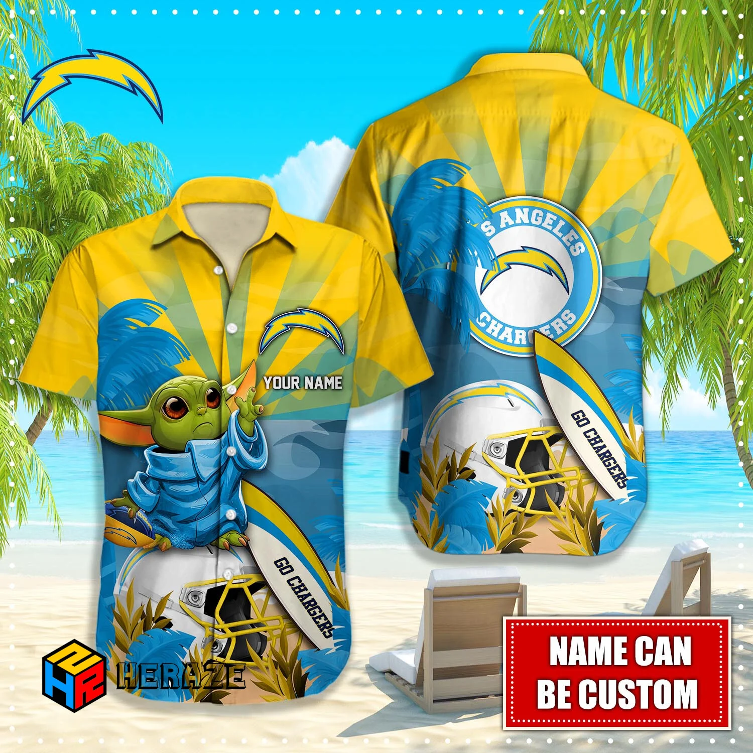 Baby Yoda Custom Name Los Angeles Chargers NFL Aloha Hawaiian Shirt