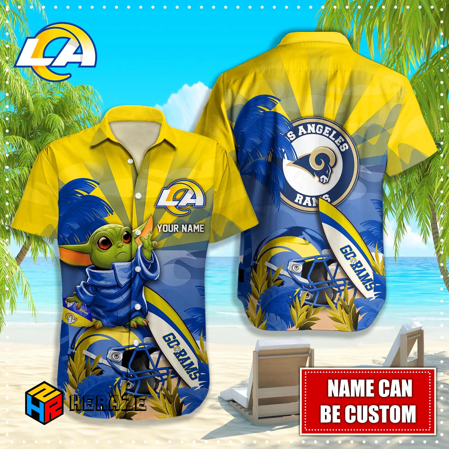 Baby Yoda Custom Name Los Angeles Rams NFL Aloha Hawaiian Shirt