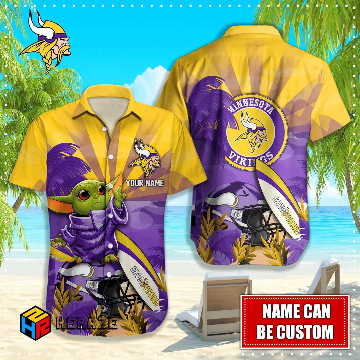 Baby Yoda Custom Name Minnesota Vikings NFL Aloha Hawaiian Shirt