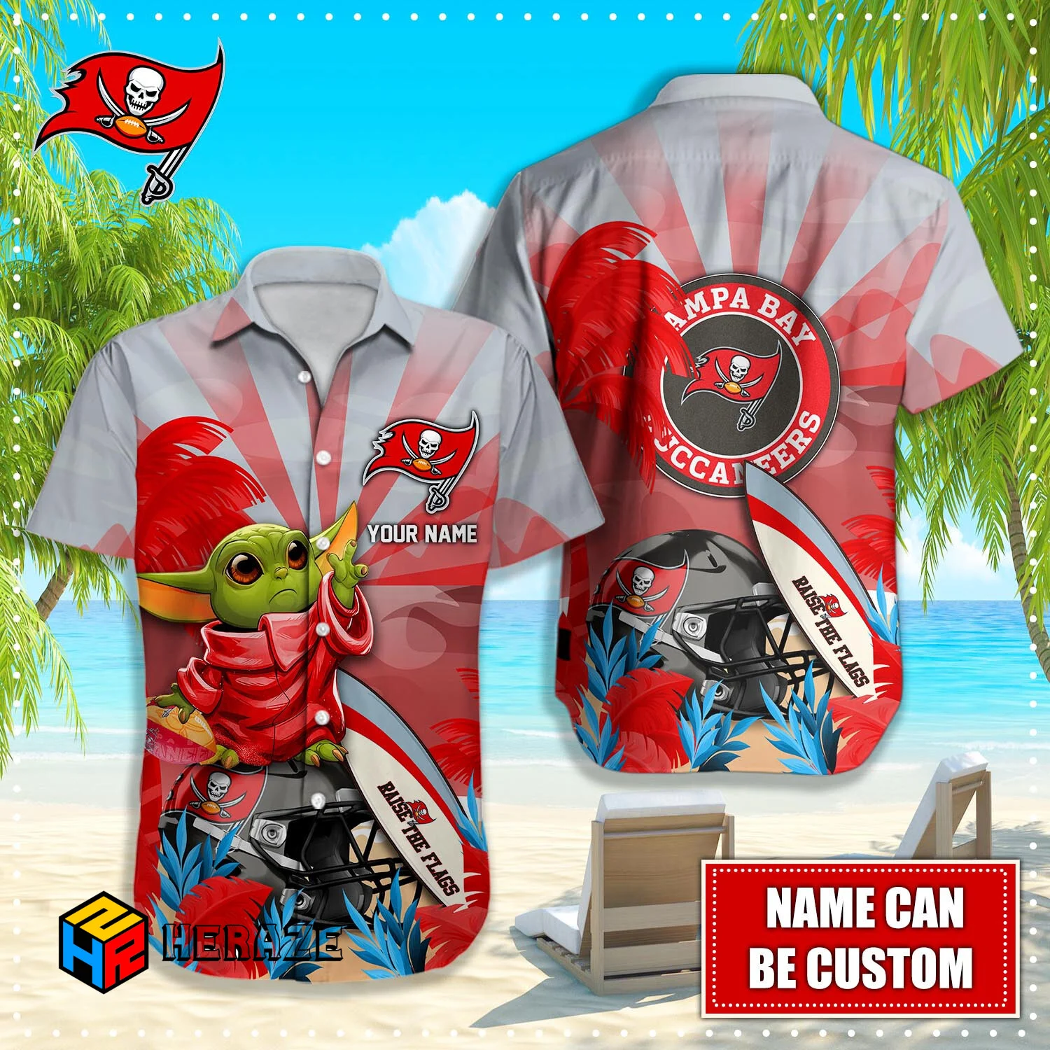 Baby Yoda Custom Name Tampa Bay Buccaneers NFL Aloha Hawaiian Shirt