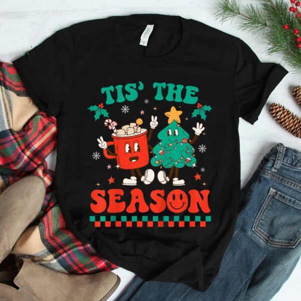 Groovy Tis The Season Christmas Hippie Hot Cocoa Pine Tree Shirt