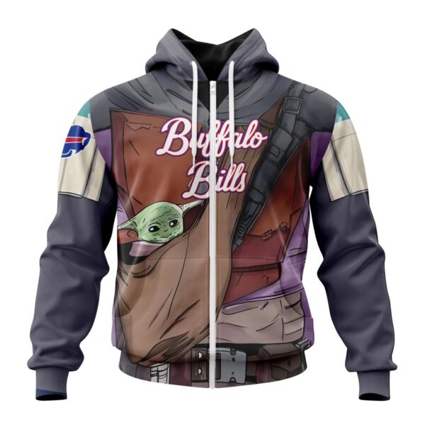 NFL Buffalo Bills Custom Name Number Mandalorian And Baby Yoda Zip Up Hoodie