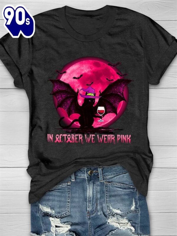 Breast Cancer In October We Wear Pink Black Cat Bat – Breast Cancer Awareness Shirt