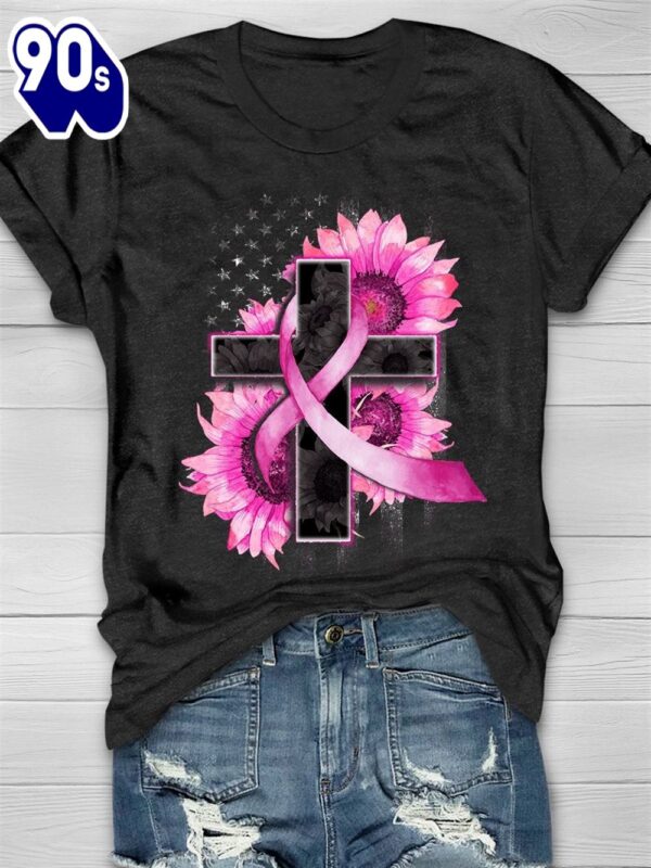 Christian USA Flag And Cross Faith Sunflower Pink Ribbon – Breast Cancer Awareness Shirt