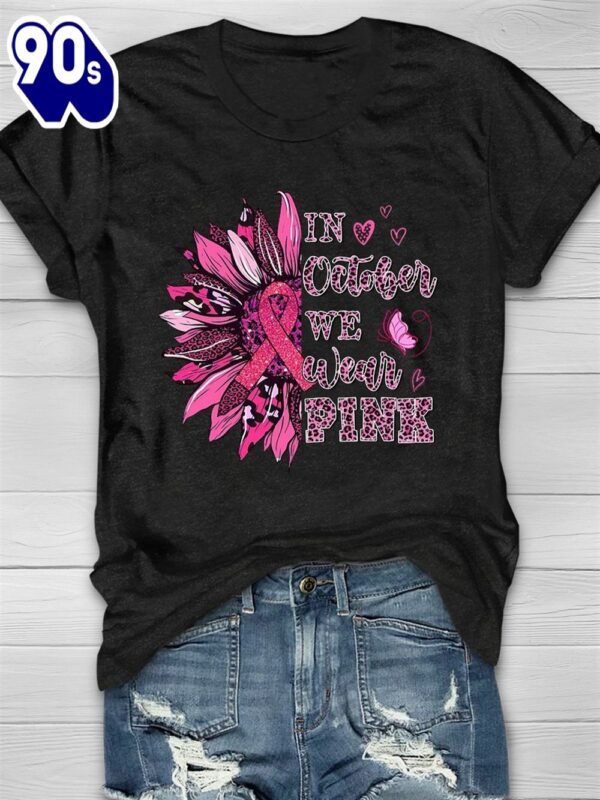 In October We Wear Pink Sunflower Leopard – Breast Cancer Awareness Shirt