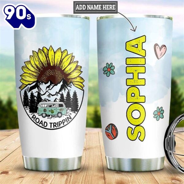 Personalized Hippie Sunflower Road Trippin Tumbler