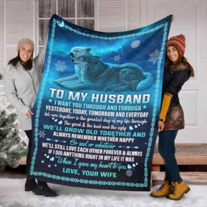 Valentine Day Wolf To My Husband Husband And Wife Blue Fleece Throw Blanket