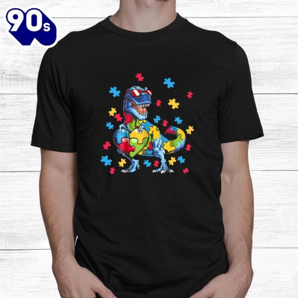 Autism Awareness Dinosaur T Rex Heart Puzzle Pieces Kid Cool Shirt