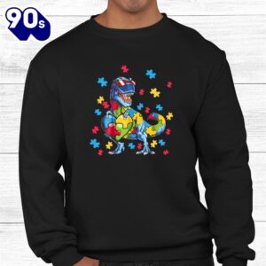 Autism Awareness Dinosaur T Rex Heart Puzzle Pieces Kid Cool Shirt 2