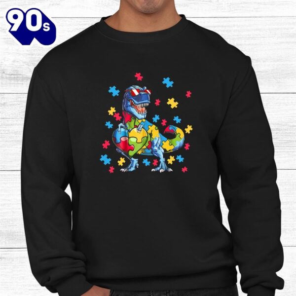 Autism Awareness Dinosaur T Rex Heart Puzzle Pieces Kid Cool Shirt