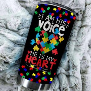Autism Puzzle Piece Heart I Am His Voice Womens Autism Mom Tumbler 2