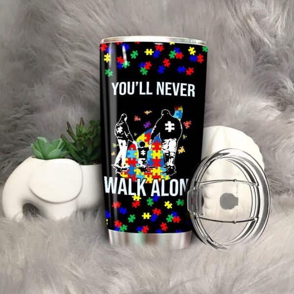 Autism Tumbler Idea Dad Mom Son You’ll Never Walk Alone Autism Awareness Puzzle Design