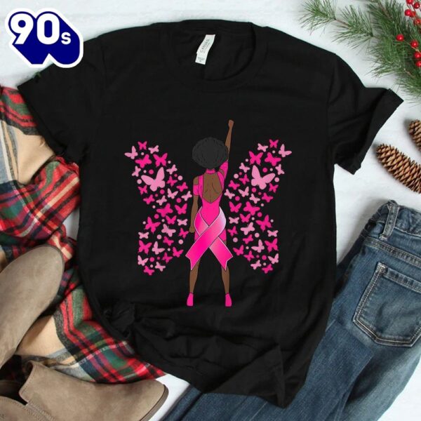 Breast Cancer Awareness Pink Butterflies African American Shirt