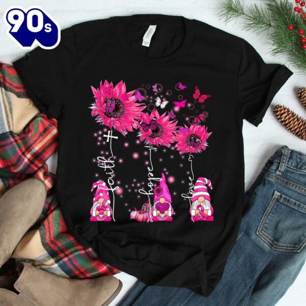 Faith Hope Love Gnome Ribbon Breast Cancer Awareness Flower Shirt