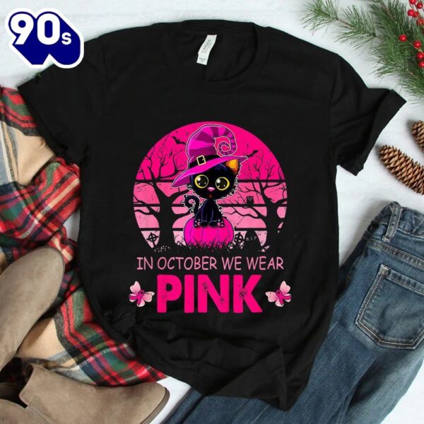 In October We Wear Pink Cute Cat Breast Cancer Awareness Shirt