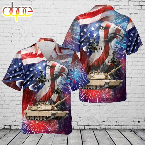 U.S. Army M1 Abrams Main Battle Tank and a AH-64 Attack Helicopter 4th Of July Hawaiian Shirt