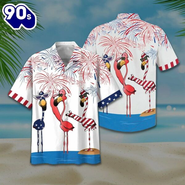4th Of July Flamingo  Button Up  Summer Beach Flamingo Aloha  Hawaiian Shirt