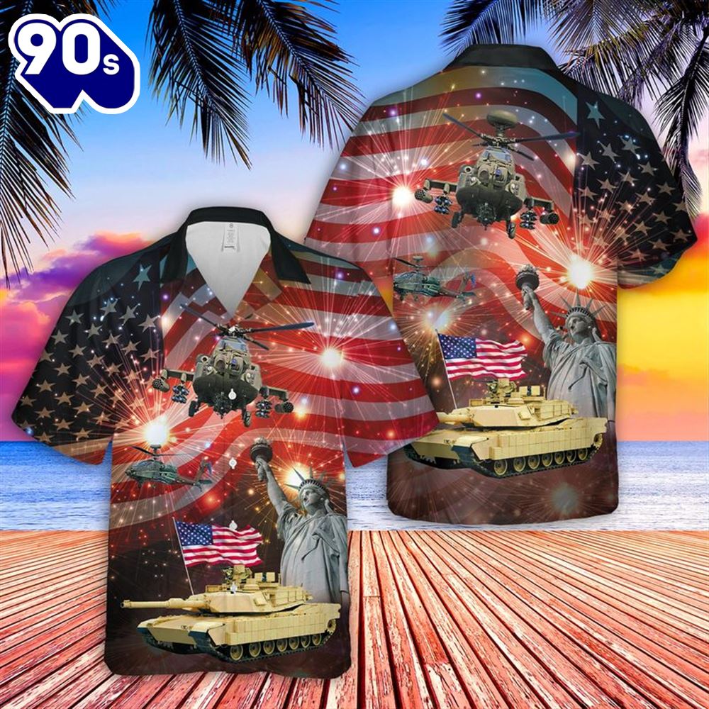 Abrams Battle Tank And Apache 4th Of July Hawaiian Shirt Abrams Battle Tank And Apache 4th Of July Hawaiian Shirt