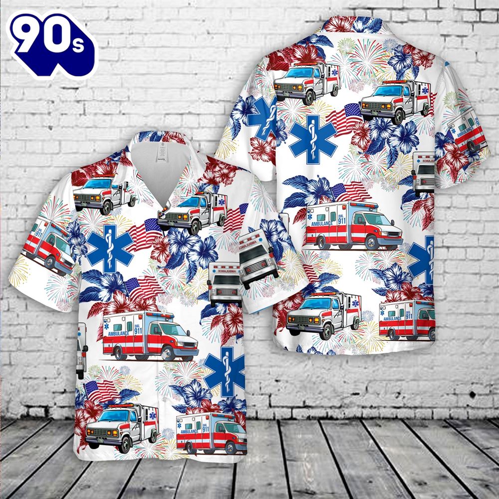 Ambulance EMS, 4th Of July Hawaiian Shirt Ambulance EMS, 4th Of July Hawaiian Shirt