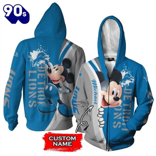 Personalized Detroit Lions Mickey Mouse All Over Print 3D Zip Hoodie