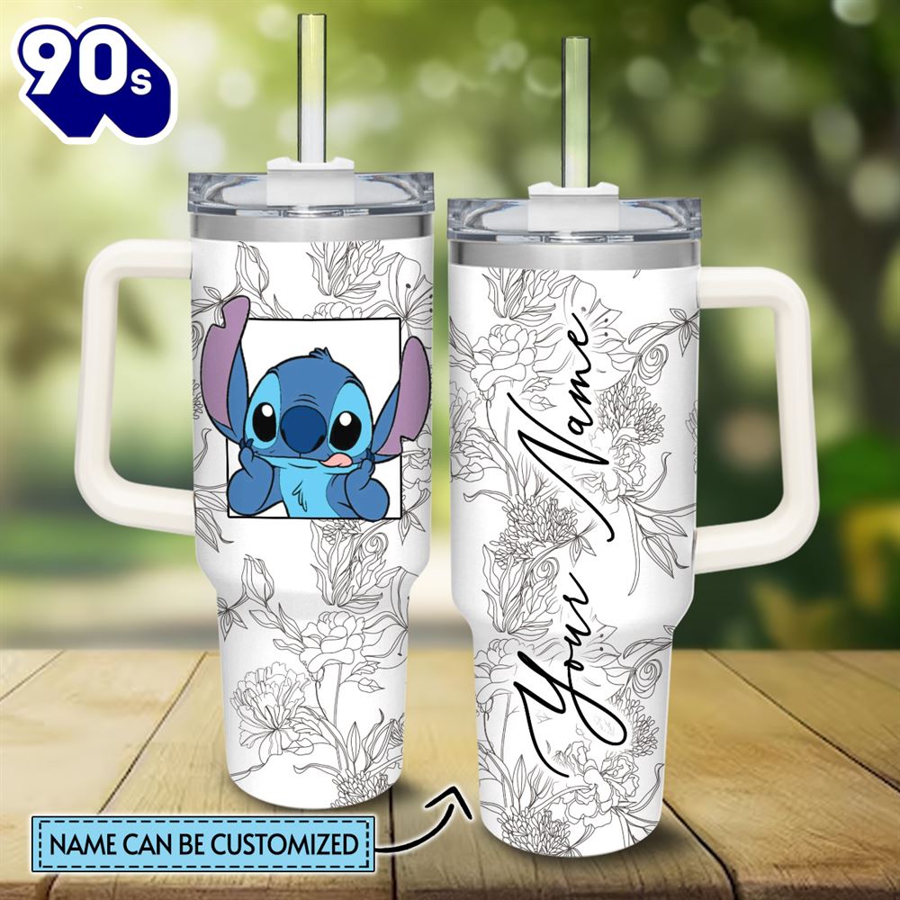 Custom Name Stitch Sketch Flower Pattern White 40oz Stainless Steel Tumbler Custom Name Stitch Sketch Flower Pattern White 40oz Stainless Steel Tumbler