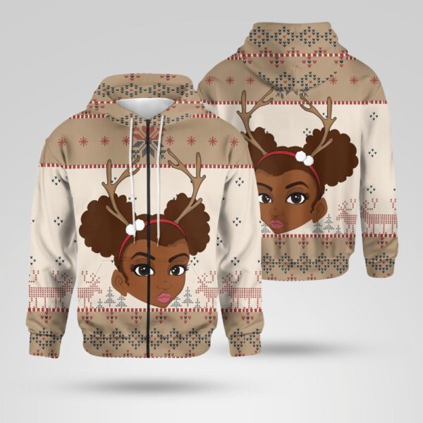 Christmas Santa Reindeers Black Girl 3D All Over Print Hoodie