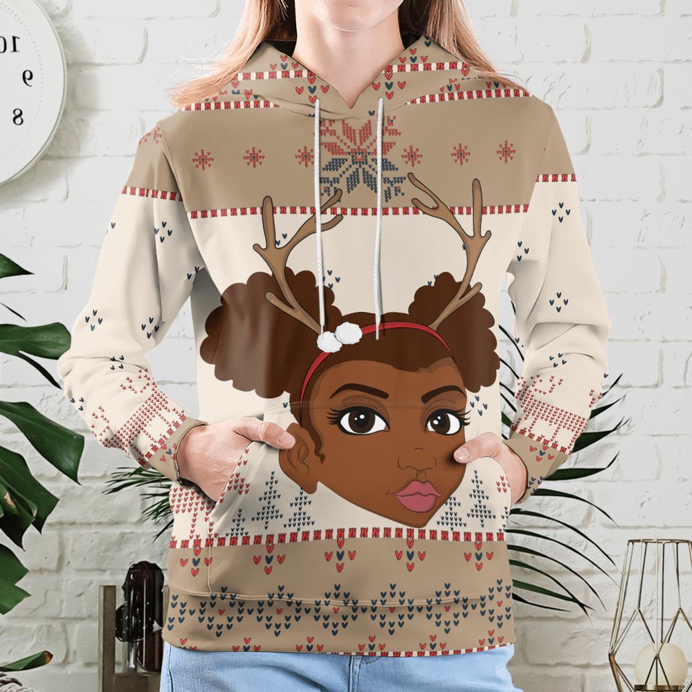 Christmas Santa Reindeers Black Girl 3D All Over Print Hoodie Christmas Santa Reindeers Black Girl 3D All Over Print Hoodie
