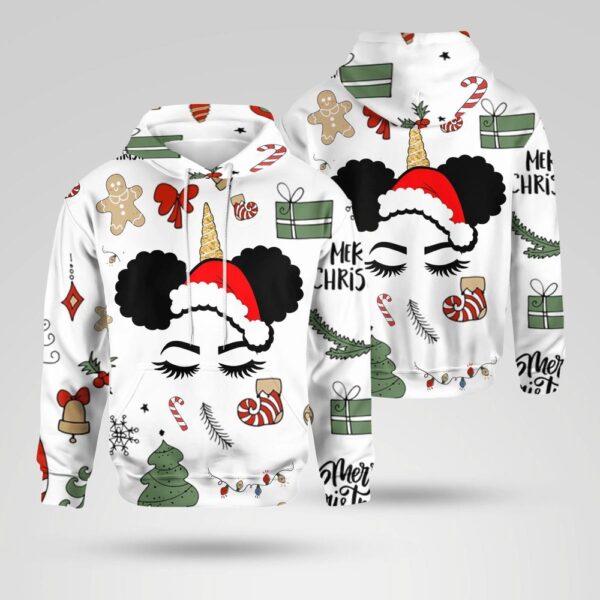 Christmas Unicorn Black Girl Santa Claus 3D All Over Print Hoodie