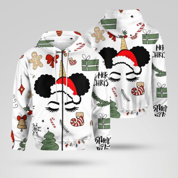 Christmas Unicorn Black Girl Santa Claus 3D All Over Print Hoodie