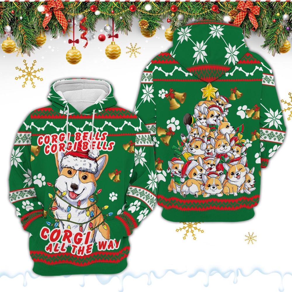 Corgi Dog Bells Christmas 3D All Over Print Hoodie Corgi Dog Bells Christmas 3D All Over Print Hoodie
