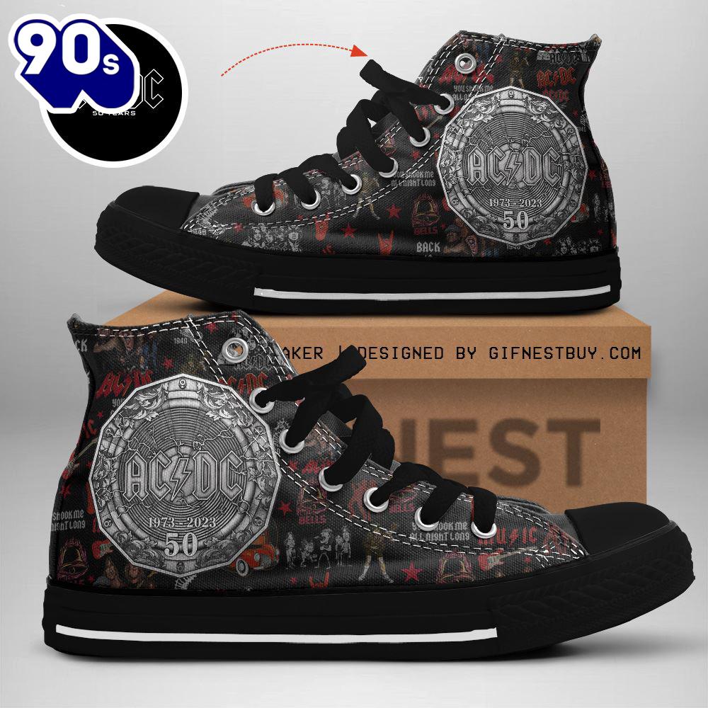 Acdc Rock Band, Acdc 50 Years Old Shoes, Acdc High Top Canvas Shoes For Fans Acdc Rock Band, Acdc 50 Years Old Shoes, Acdc High Top Canvas Shoes For Fans