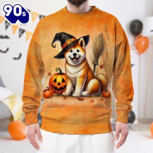 Akita Dog In Spooky Autumn Halloween 3D Shirt  For Man And Women