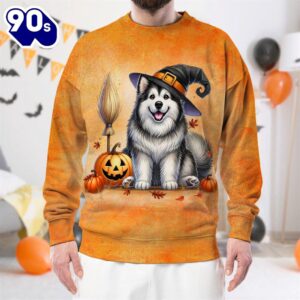 Alaskan Malamute Dog In Spooky Autumn Halloween 3D Shirt  For Man And Women