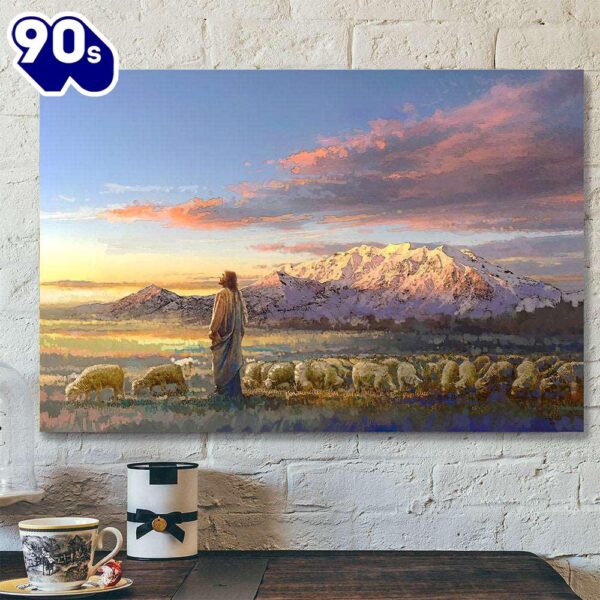 All His Majesty Canvas Poster – Jesus Christ With His Flock Of Sheep Painting  Gift For Christmas
