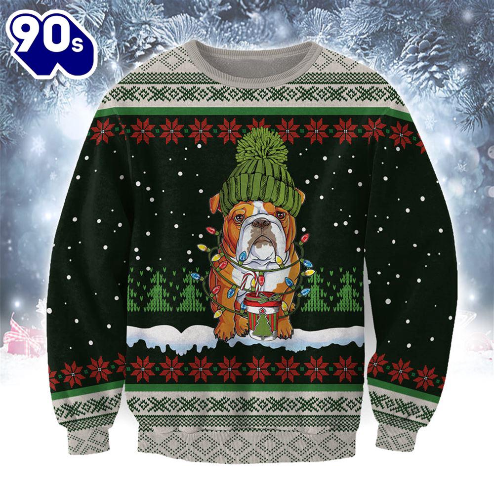 American Bulldog With Snow And Christmas Ugly Sweater American Bulldog With Snow And Christmas Ugly Sweater