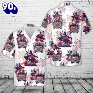 American Flag Flower Patriotic Fire Trucks, 4th Of July Hawaiian Shirt