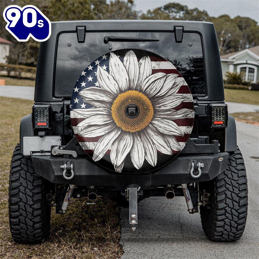 American Flag White Sunflower Spare Tire Cover - Christian Tire Cover Car Decor American Flag White Sunflower Spare Tire Cover - Christian Tire Cover Car Decor