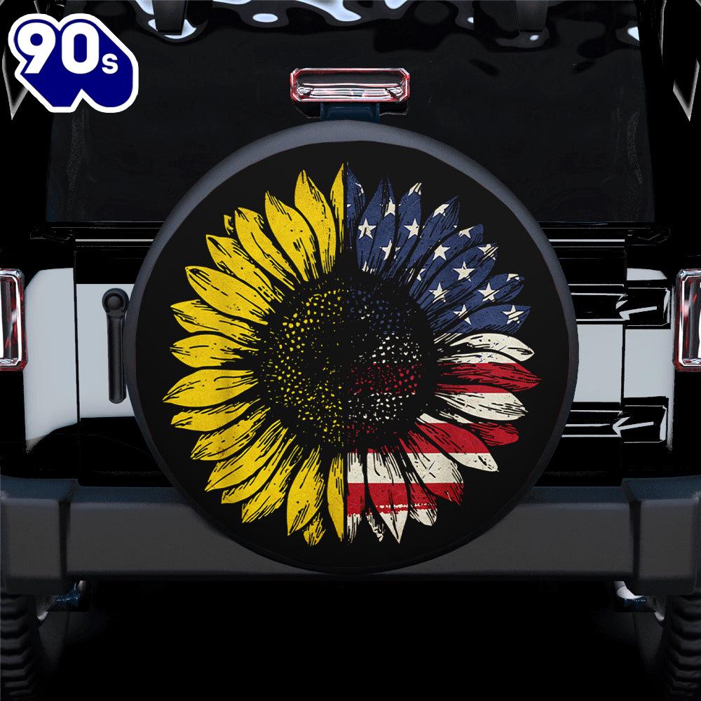 Hippie Tire Covers American Flag With Art Sunflower Car Spare Tire Cover Gift For Campers Hippie Tire Covers American Flag With Art Sunflower Car Spare Tire Cover Gift For Campers