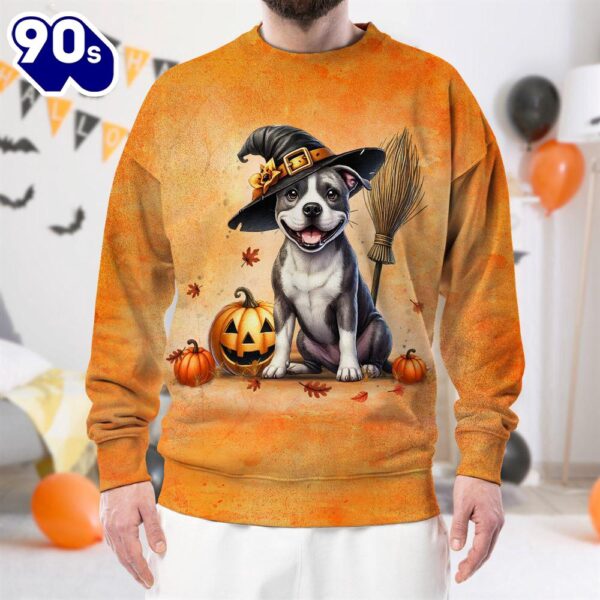 American Staffordshire Terrier Dog In Spooky Autumn Halloween 3D Shirt  For Man And Women