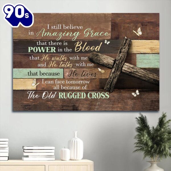 Antique Cross Wooden Background Butterfly I Still Believe In Amazing Grace Canvas Wall Art