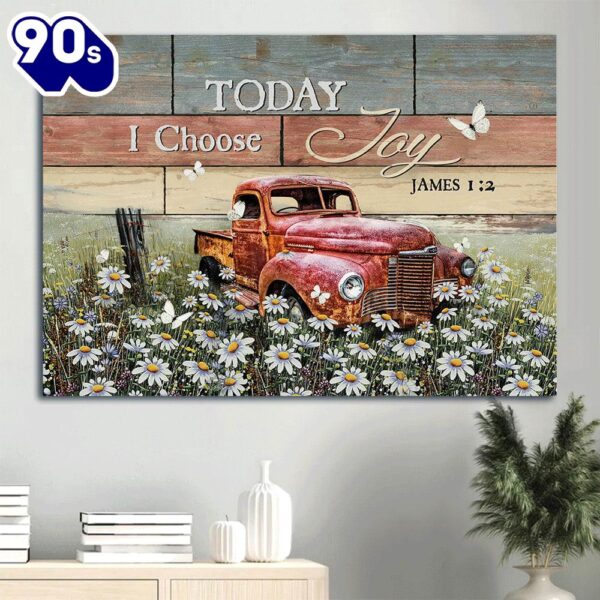 Antique Ladybug Car Daisy Field White Butterfly Today I Choose Joy Canvas Wall Art