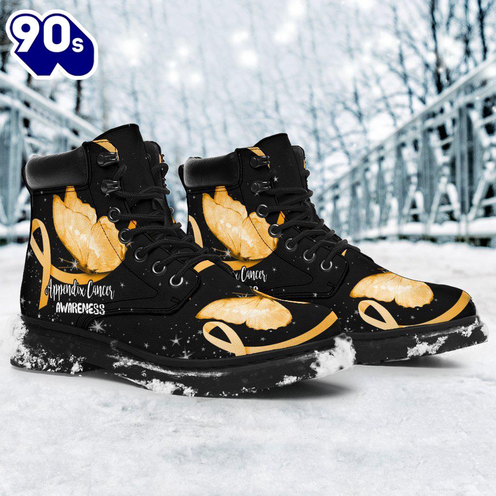 Appendix Cancer Awareness Leather Boots Ribbon Butterfly Shoes Appendix Cancer Awareness Leather Boots Ribbon Butterfly Shoes