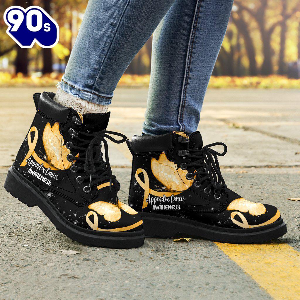 Appendix Cancer Awareness Leather Boots Ribbon Butterfly Shoes Appendix Cancer Awareness Leather Boots Ribbon Butterfly Shoes